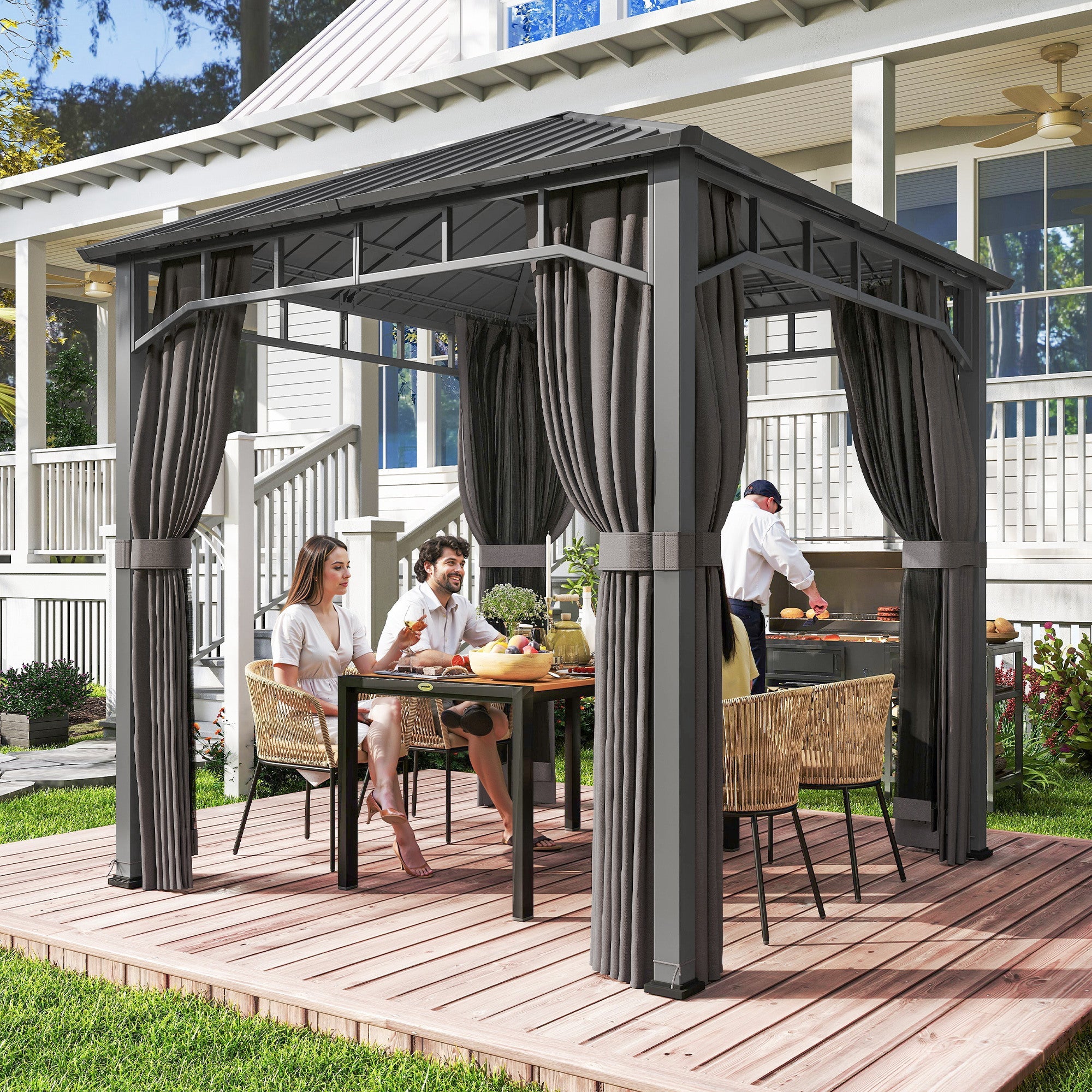 Outsunny 2.5 x 2.5 m Hardtop Gazebo with Galvanised Steel Roof, Waterproof Permanent Pavilion Garden Gazebo with Netting and Curtains for Patio, Deck, Dark Grey
