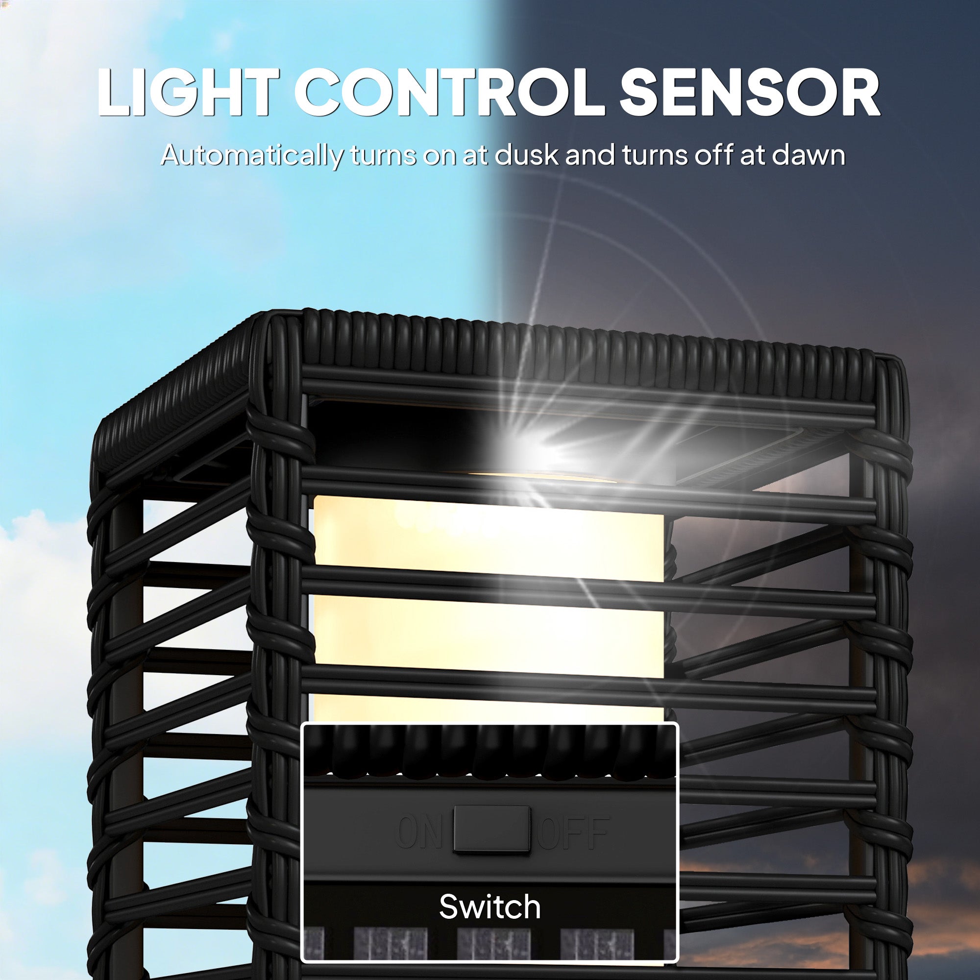 Outsunny Garden Rattan Lamp, 68 cm Solar Rattan Floor Lamp, Solar Garden Light with Auto On/Off LEDs, IP44 Waterproof, Black