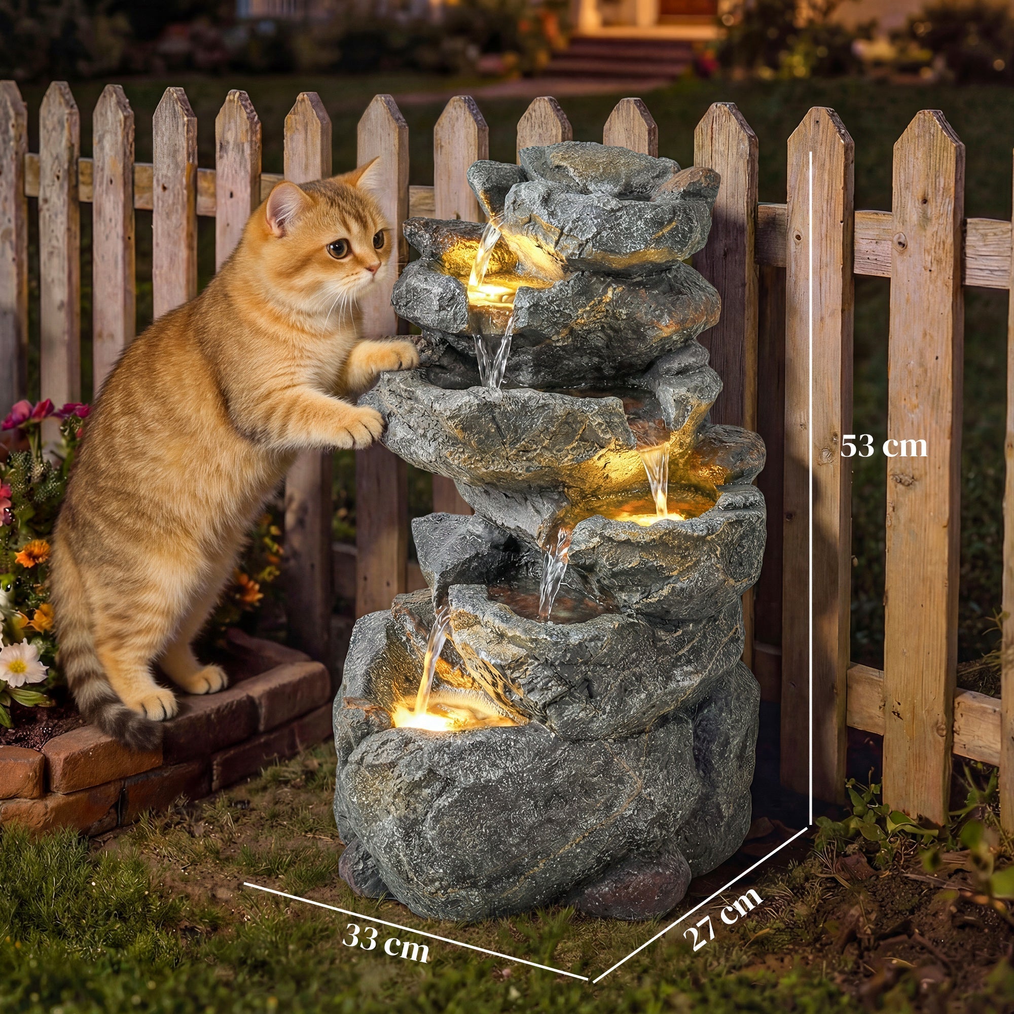 Outsunny Outdoor Water Fountain with 6-Tier Rock Style, Cascading Waterfall Feature with LED Lights, Adjustable Flow, Grey