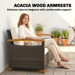 Outsunny 2 Seater Rattan Garden Sofa, Outdoor Sofa with Thickened Cushions and Acacia Wood Armrests, Brown