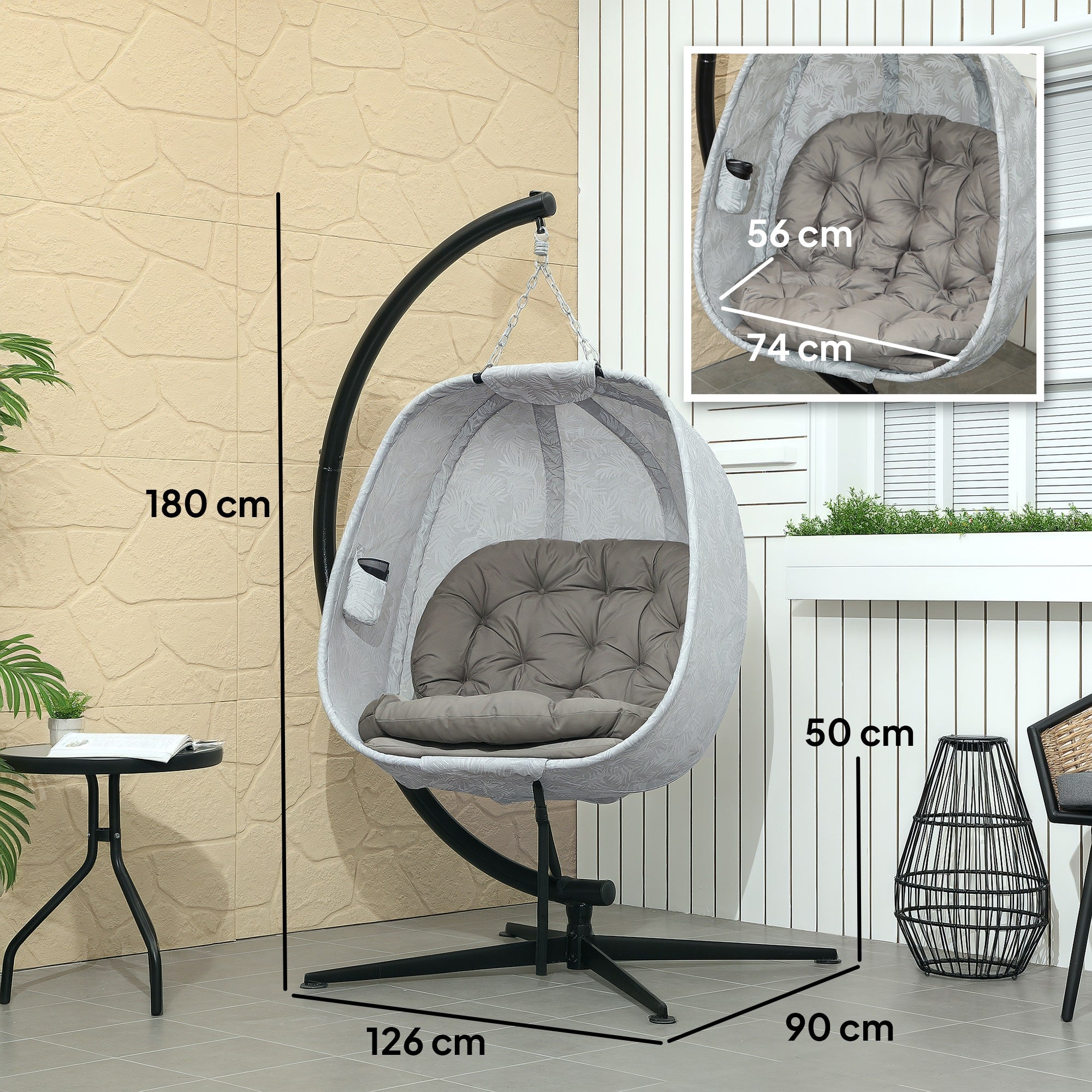 Outsunny Hanging Egg Chair Outdoor Indoor Garden Swing Chair with Folding Basket, Garden Hanging Chair with Stand, Thickened Cushion, Cup Holder for Patio, Balcony, Sand Brown