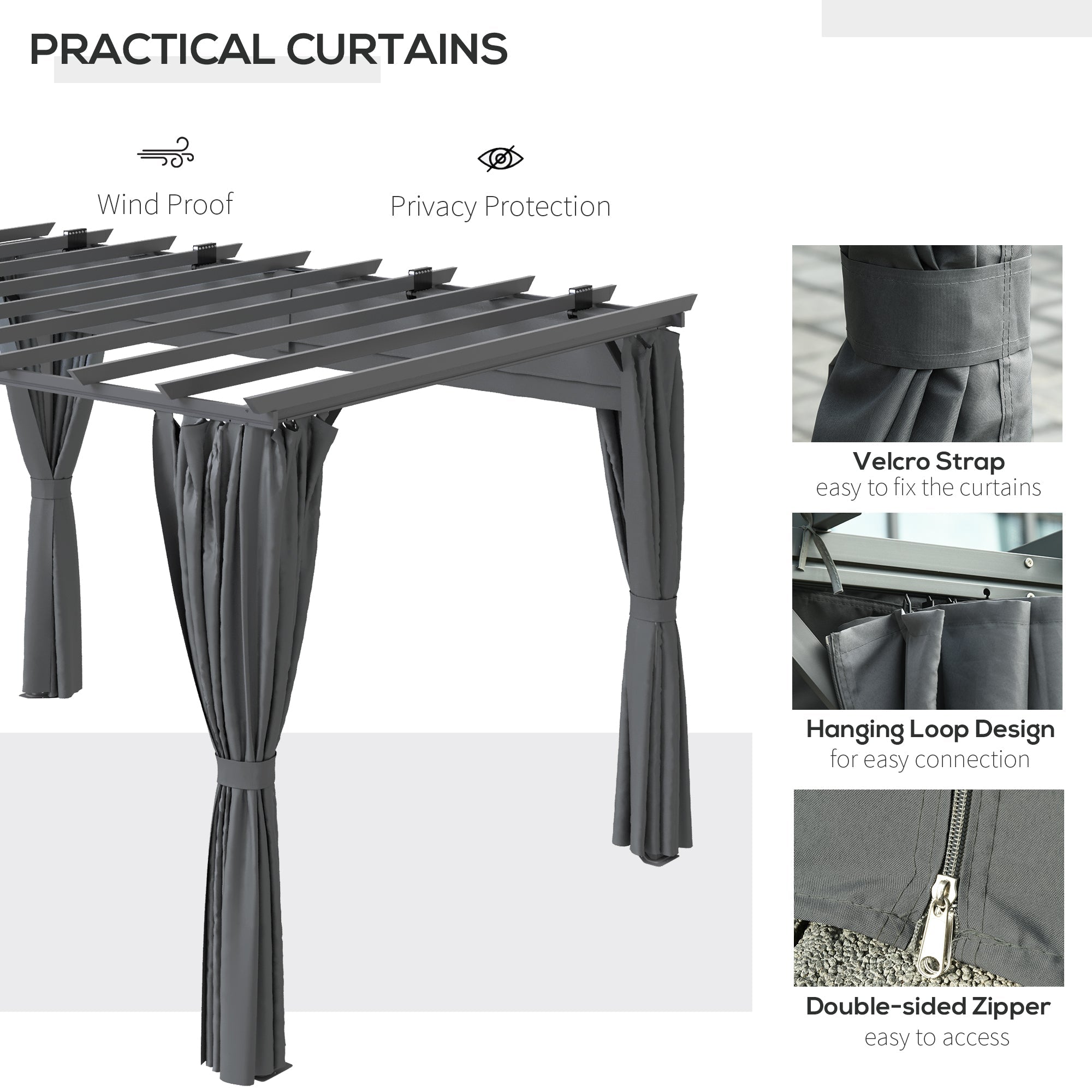 Outsunny 3.6 x 3(m) Outdoor Pergola with Retractable Roof and Curtains, Garden Gazebo Canopy Sun Shade Shelter with Aluminum Frame, Dark Grey