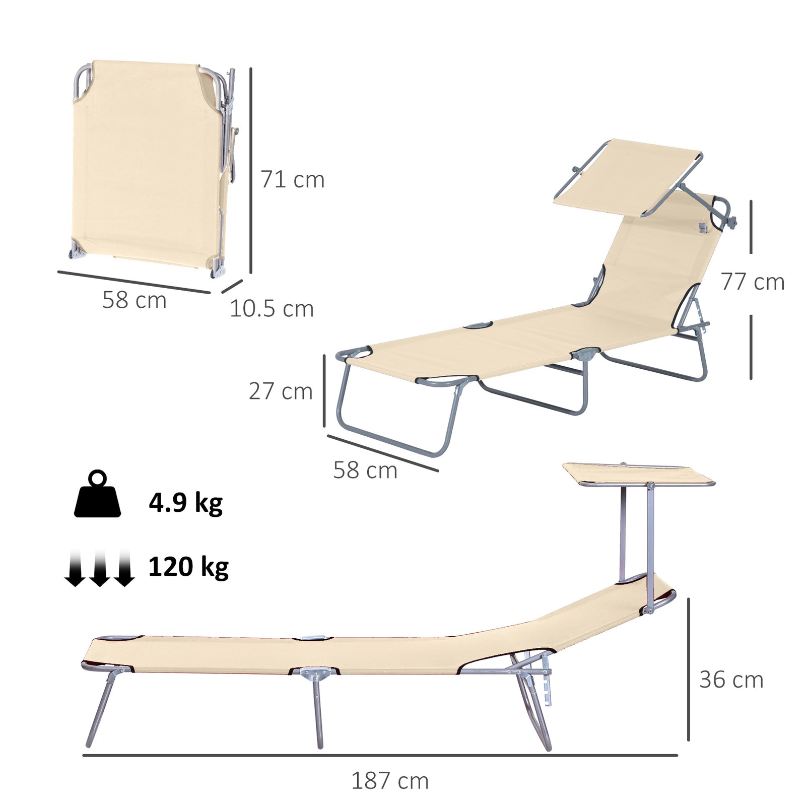 Outsunny Folding Sun Lounger with Canopy, Reclining Sunbed with 4-Position Adjustable Backrest, 600D Oxford Cloth, Portable Garden Lounger Recliner Chair for Beach, Camping, Patio, Beige