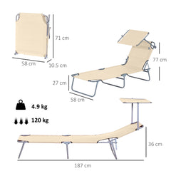 Outsunny Folding Sun Lounger with Canopy, Reclining Sunbed with 4-Position Adjustable Backrest, 600D Oxford Cloth, Portable Garden Lounger Recliner Chair for Beach, Camping, Patio, Beige