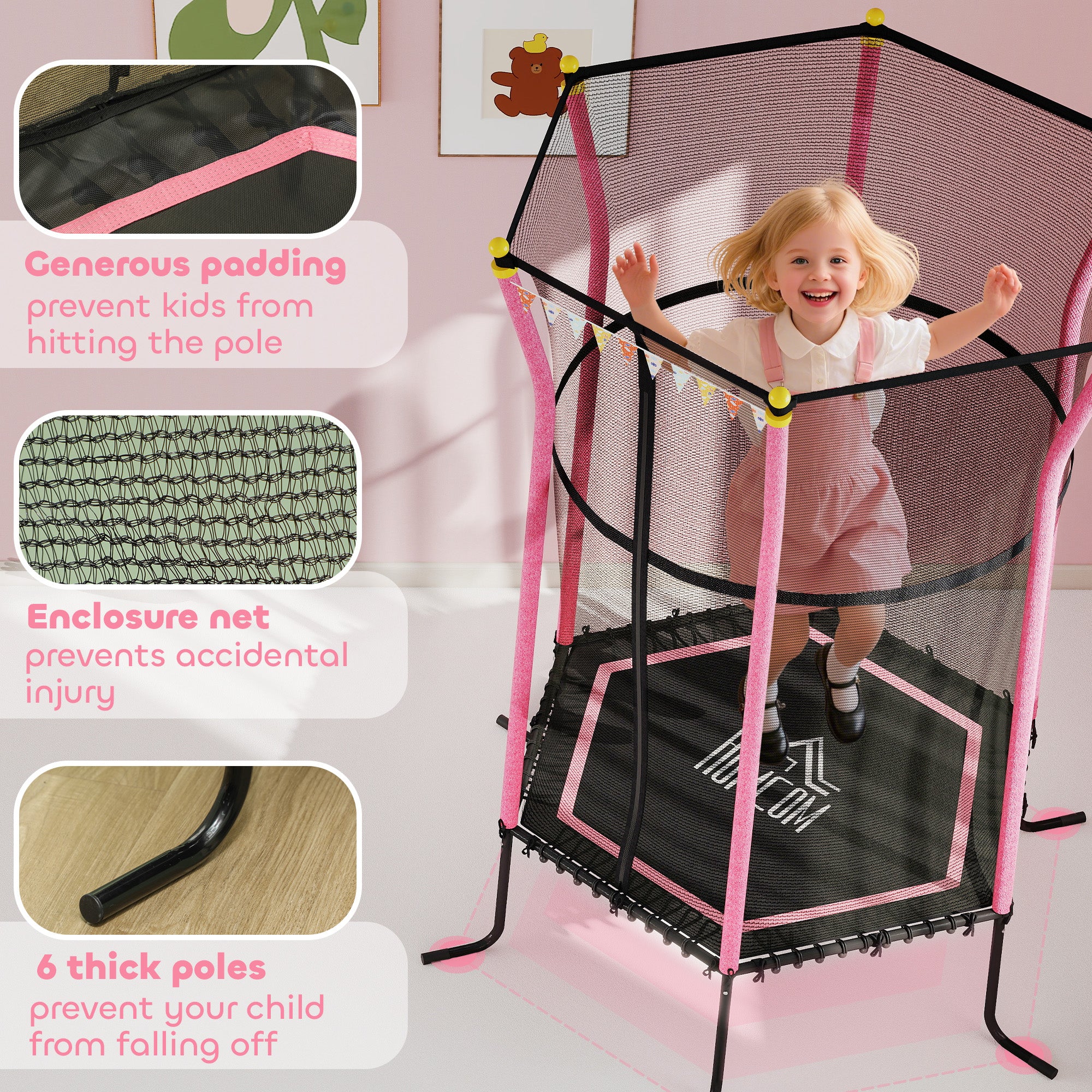 HOMCOM Kids Trampoline Mini Bouncer with Enclosure Safety Net For Ages 3-10 Years - Pink