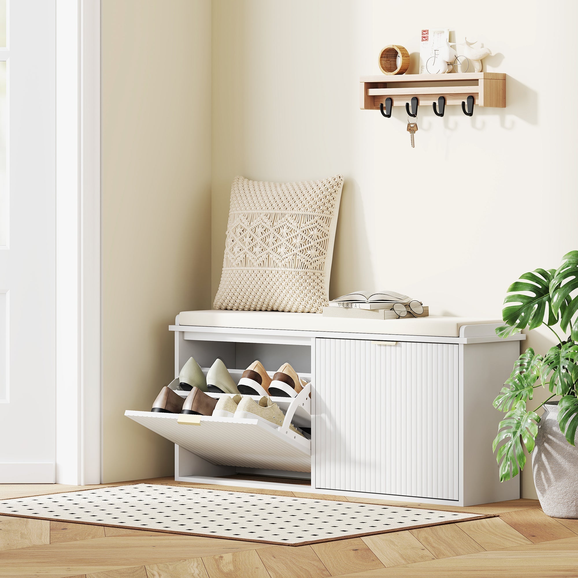 HOMCOM Elegant Ten Shoe Bench, with Top Seat - White