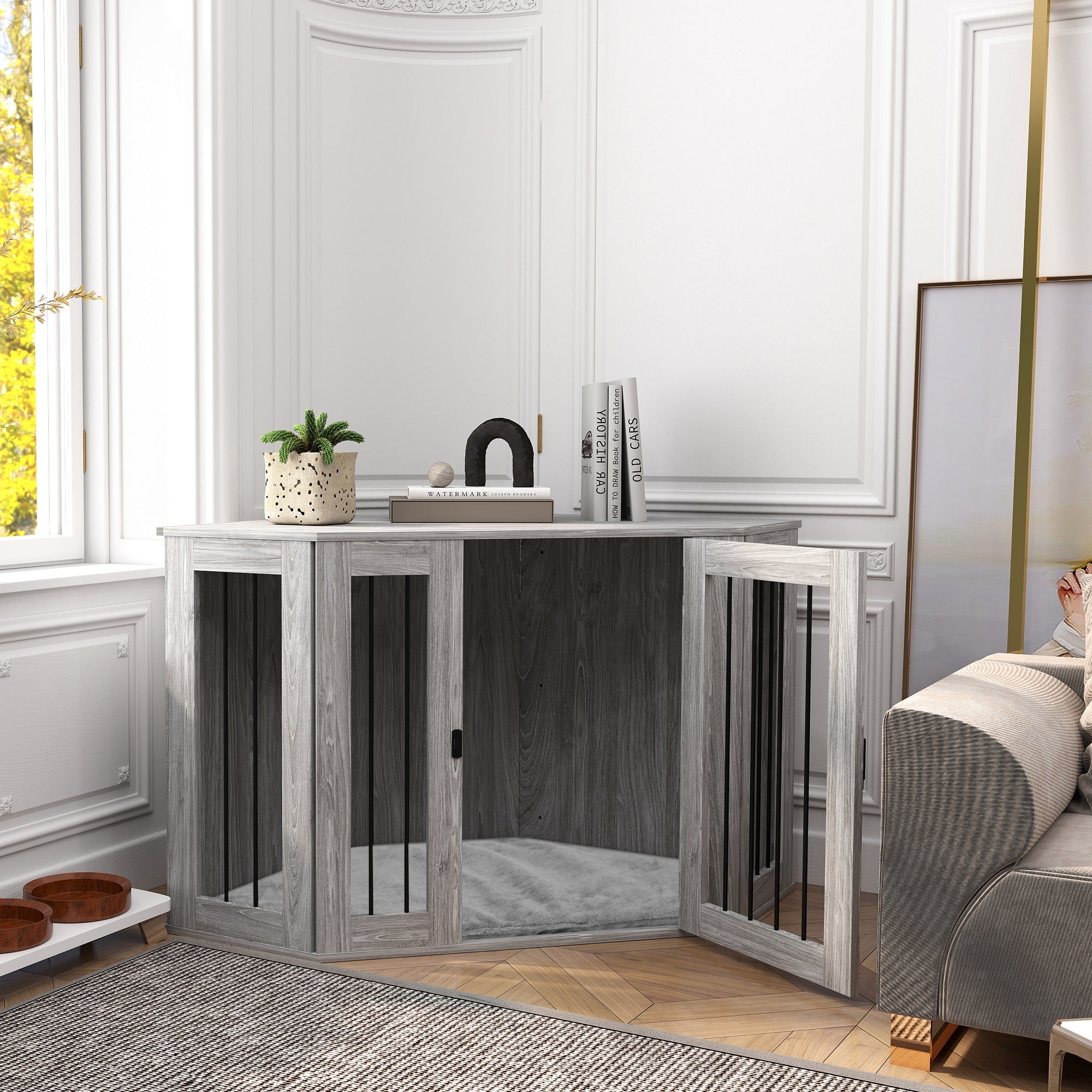 PawHut Dog Crate Furniture Side Table, with Cushion, 122 x 61 x 71cm - Grey