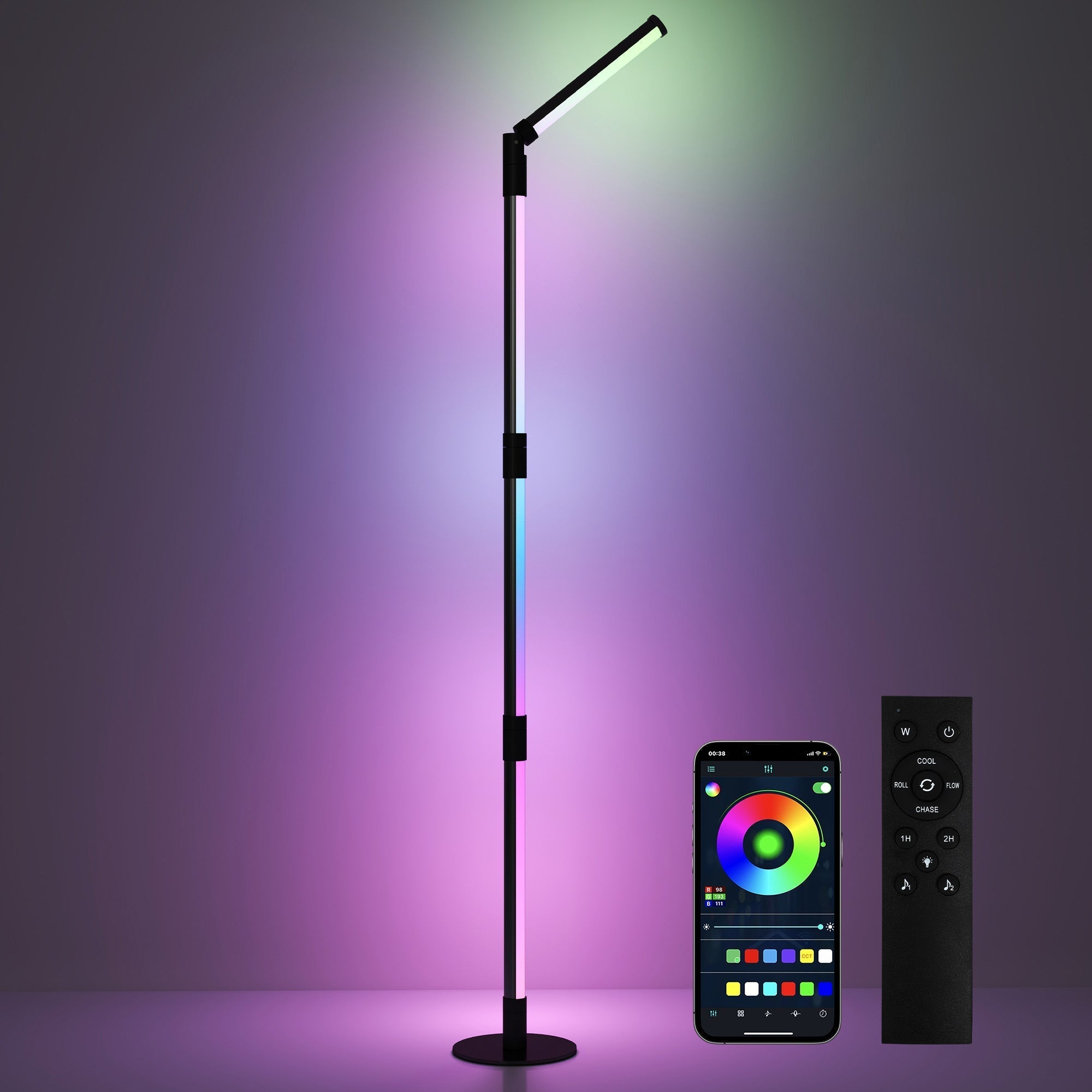 HOMCOM LED Floor Lamp, 360 RGB Detachable Corner Floor Lamp with App & Remote Control, Colour Changing Standing Lamp with Music Sync & Timing, for Living Room, Game Room, Dark Grey