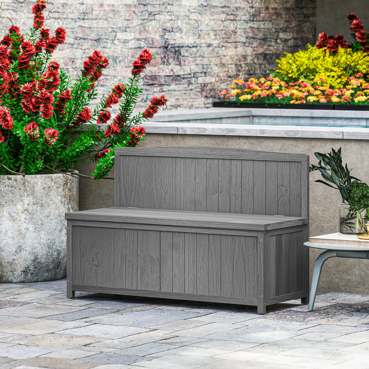 Outsunny Wood Storage Bench for Patio Furniture, Outdoor Garden Seating Tools, Grey - product image 2