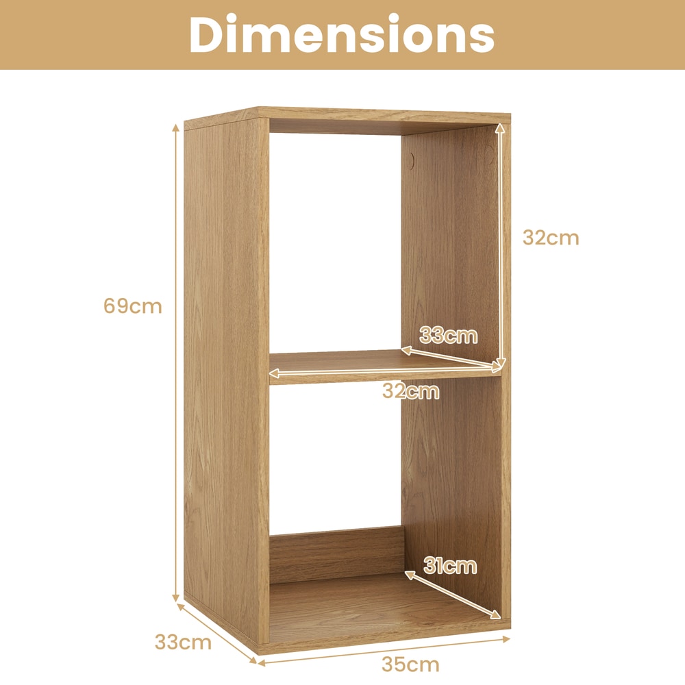 Dimensions of the natural wood open back 2-tier bookshelf with height and width measurements