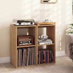 Two natural wood open back 2-tier bookshelves used as record player stands with vinyl records