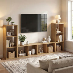 A long media console made of natural wood open back 2-tier bookshelves with a television above