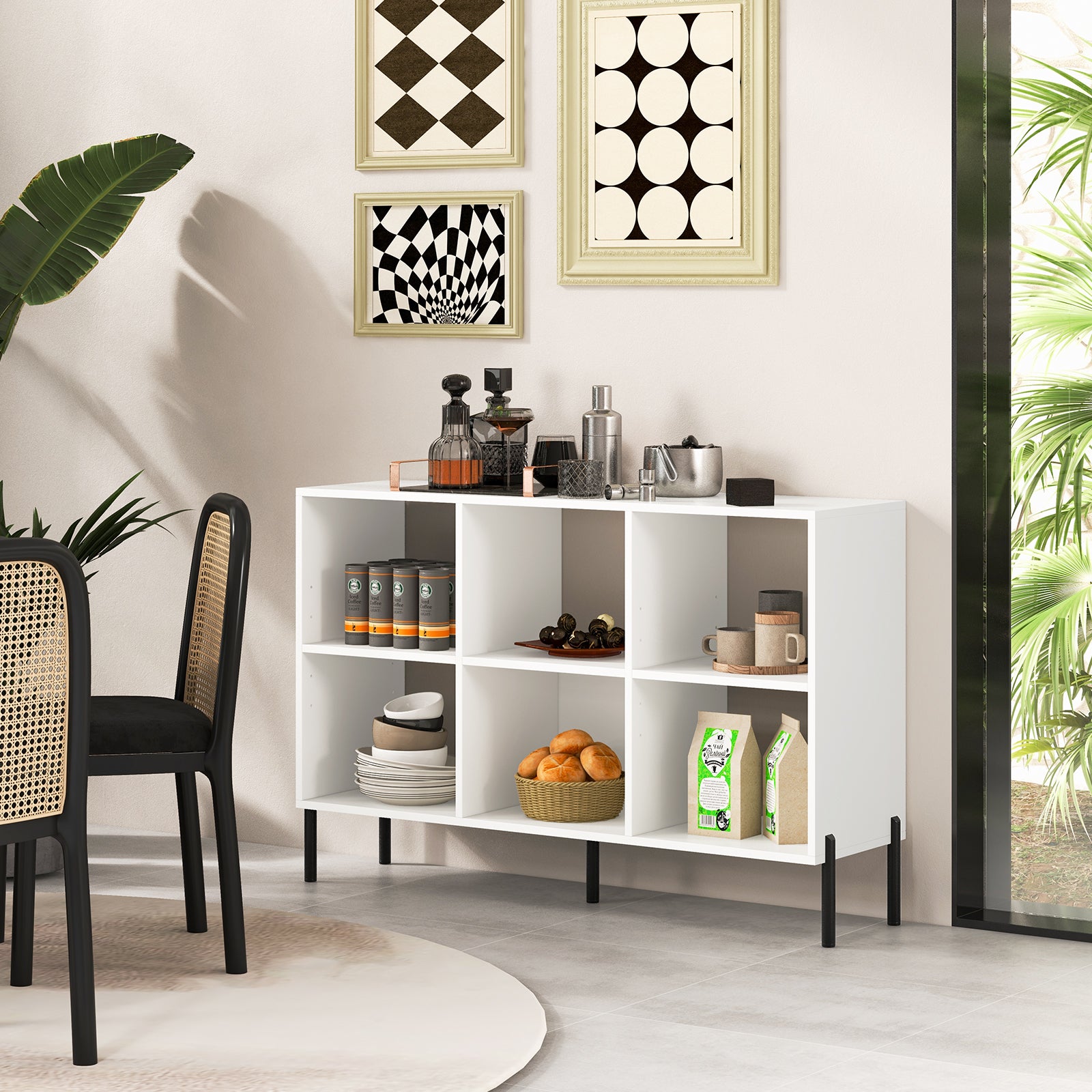 6-Cube Storage Bookcase Wooden Open Bookshelf with 5 Metal Legs-White