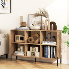 The storage rack with 6 compartments filled with books, decor and a radio in a bright room