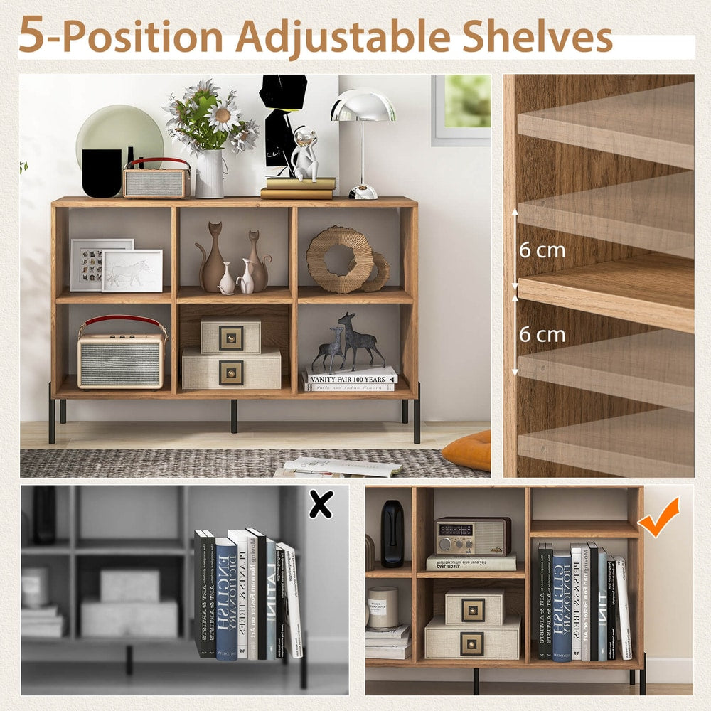 The 6 compartment storage rack showing adjustable shelves and a comparison of shelf loading