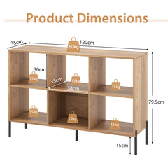 Product dimensions diagram for the 6 compartment storage rack showing height, width and depth
