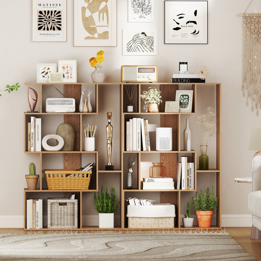 Two of the geometric bookcases placed side by side to create a large storage display