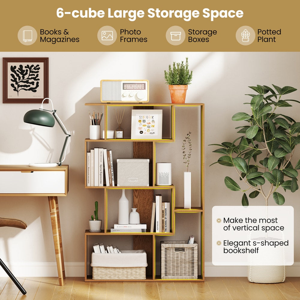 The geometric bookcase with text overlays highlighting storage space and design features