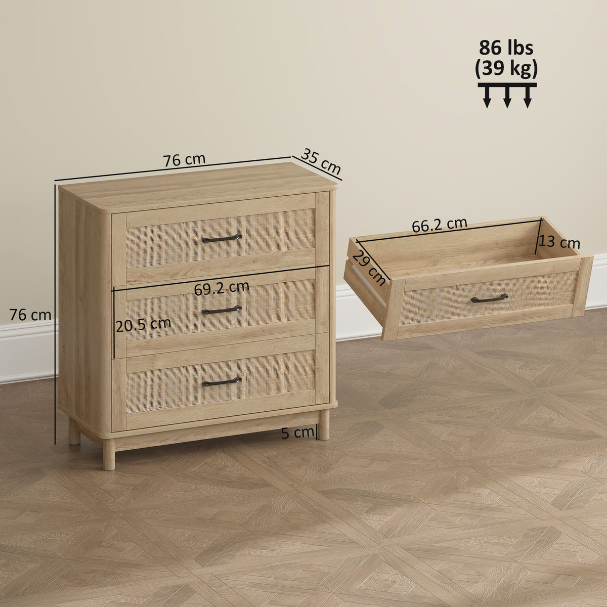 HOMCOM 76 cm Wide Drawer Chest of Drawers with 3 Drawer - Oak