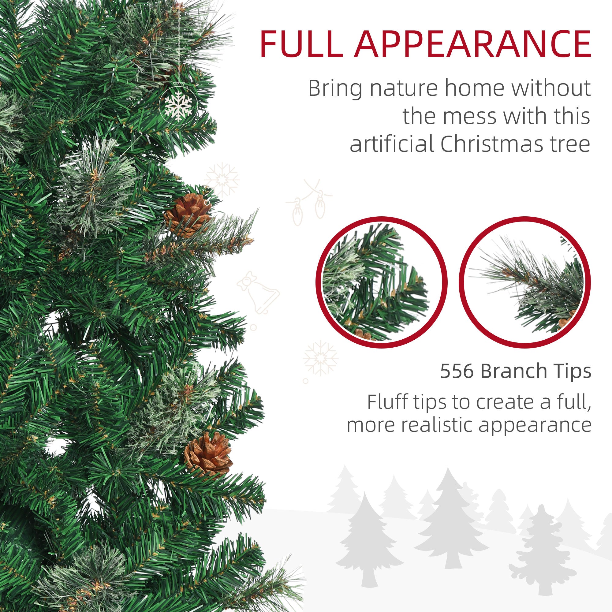 HOMCOM 6.5FT Tall√Ç Pencil Slim Artificial Christmas Tree with√Ç Realistic√Ç Branches, Tip Count and Pine Cones, Pine Needles Tree, Xmas√Ç Decoration, Green