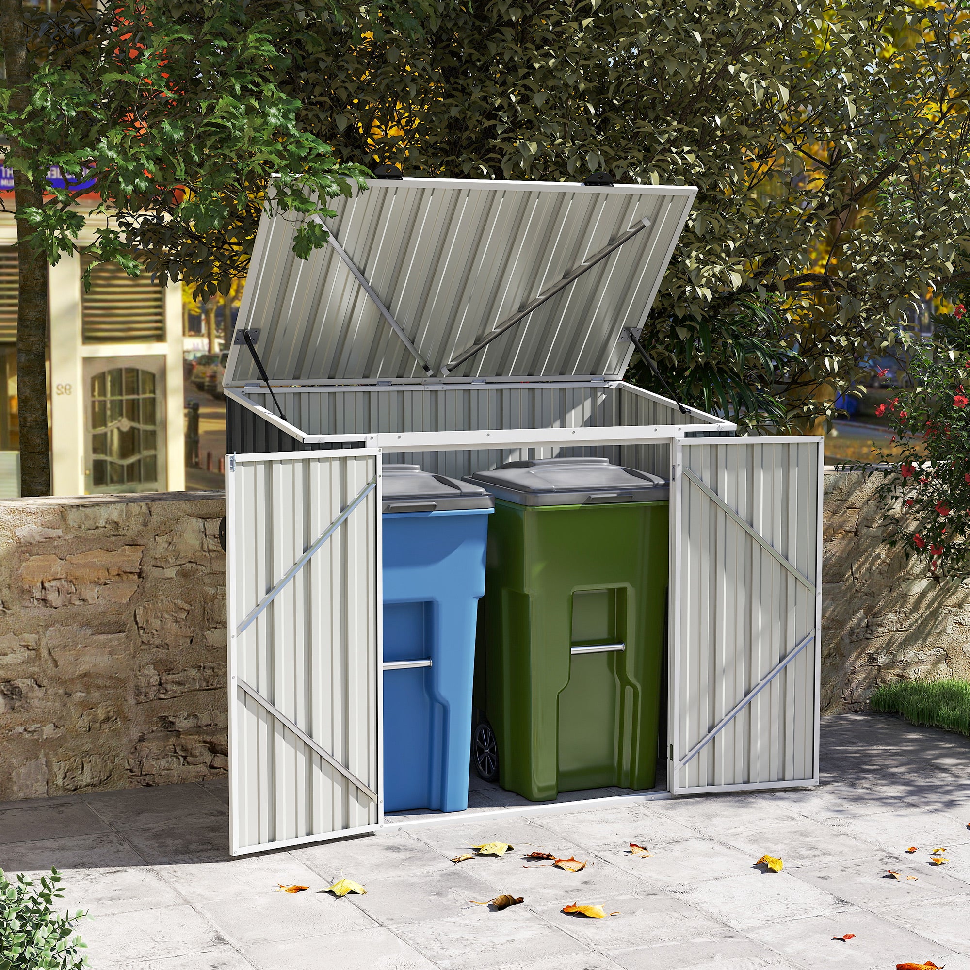 Outsunny 5ft x 3ft Garden 2-Bin Steel Storage Shed, Double Rubbish Storage Shed, Hide Dustbin w/ Locking Doors and Openable Lid