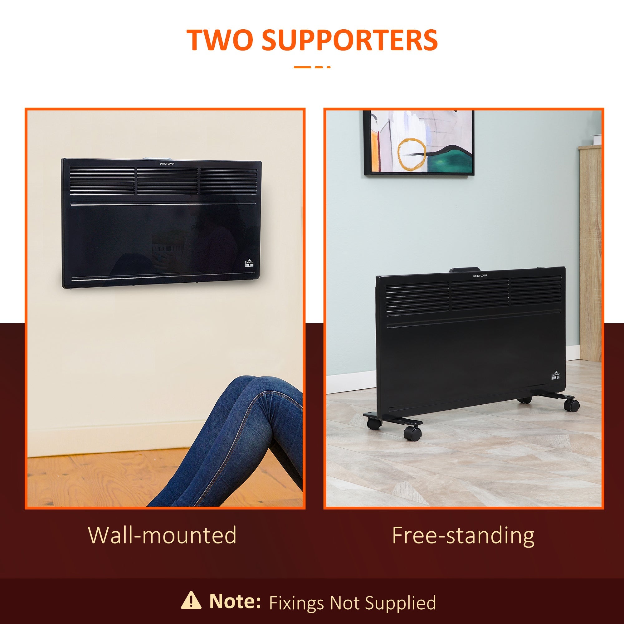 HOMCOM POWER Convector Radiator Freestanding or Wall-mounted Heating with 2 Heat Settings Safety Cut-Off, Black