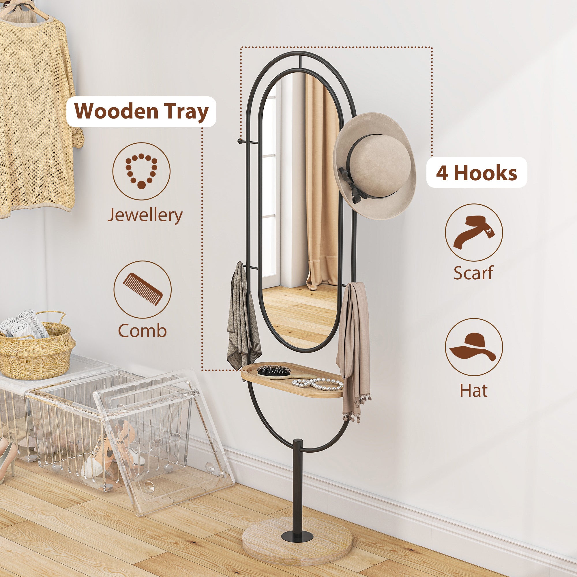 HOMCOM Oval Full Length Mirror with Wooden Tray and 4 Hooks - Black