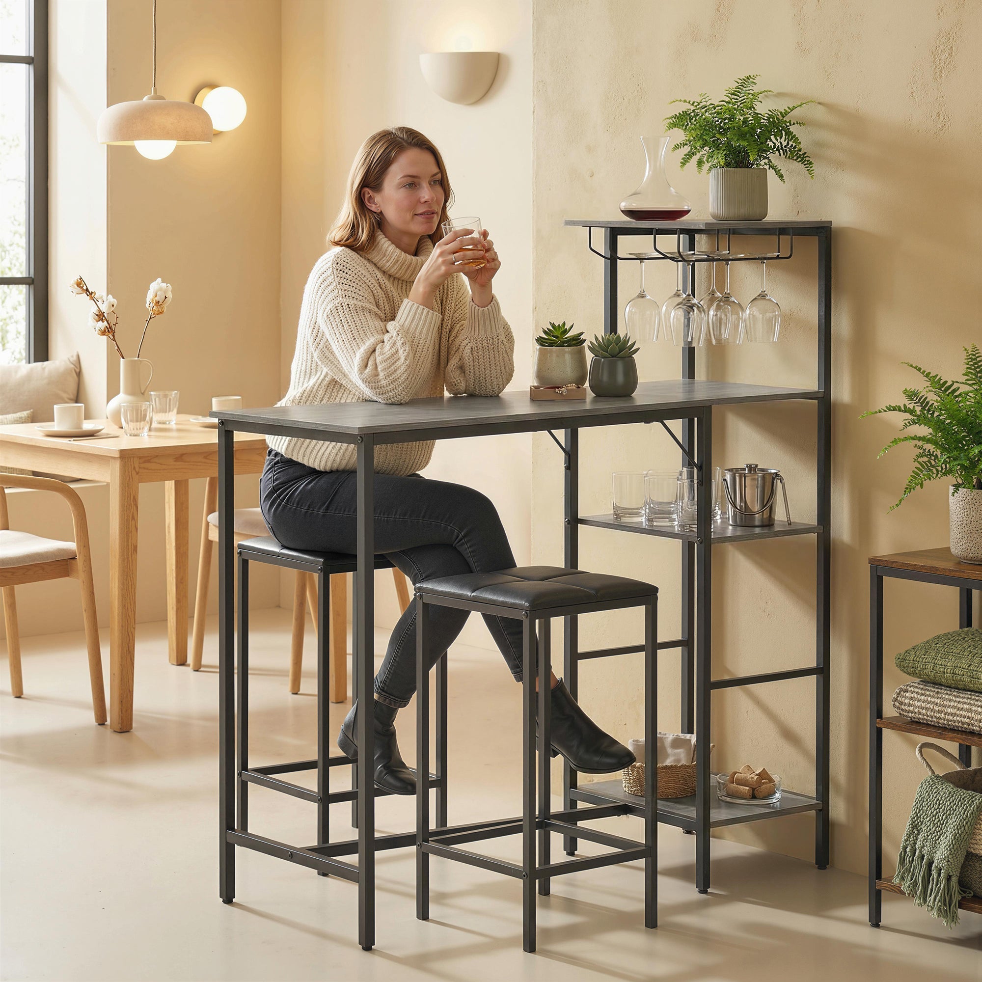 HOMCOM 3 Piece Breakfast Bar Table and Stools Set, Washed Grey