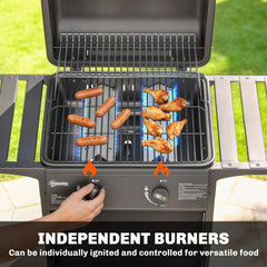 Outsunny Gas Burner Barbecue Grill, 2 Burner Gas Grill with Side Tables, Warming Rack, Shelf, Thermometer, Grease Tray, Black