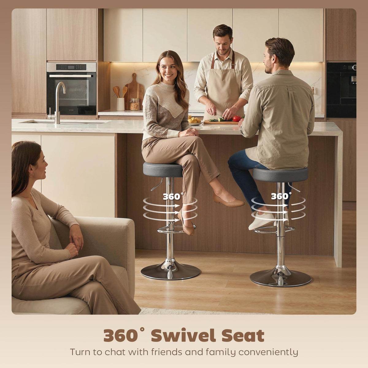 HOMCOM Bar Stools Set of 2, Modern PU Leather Swivel Barstools, Height Adjustable Breakfast Bar Chairs with Footrest, Grey