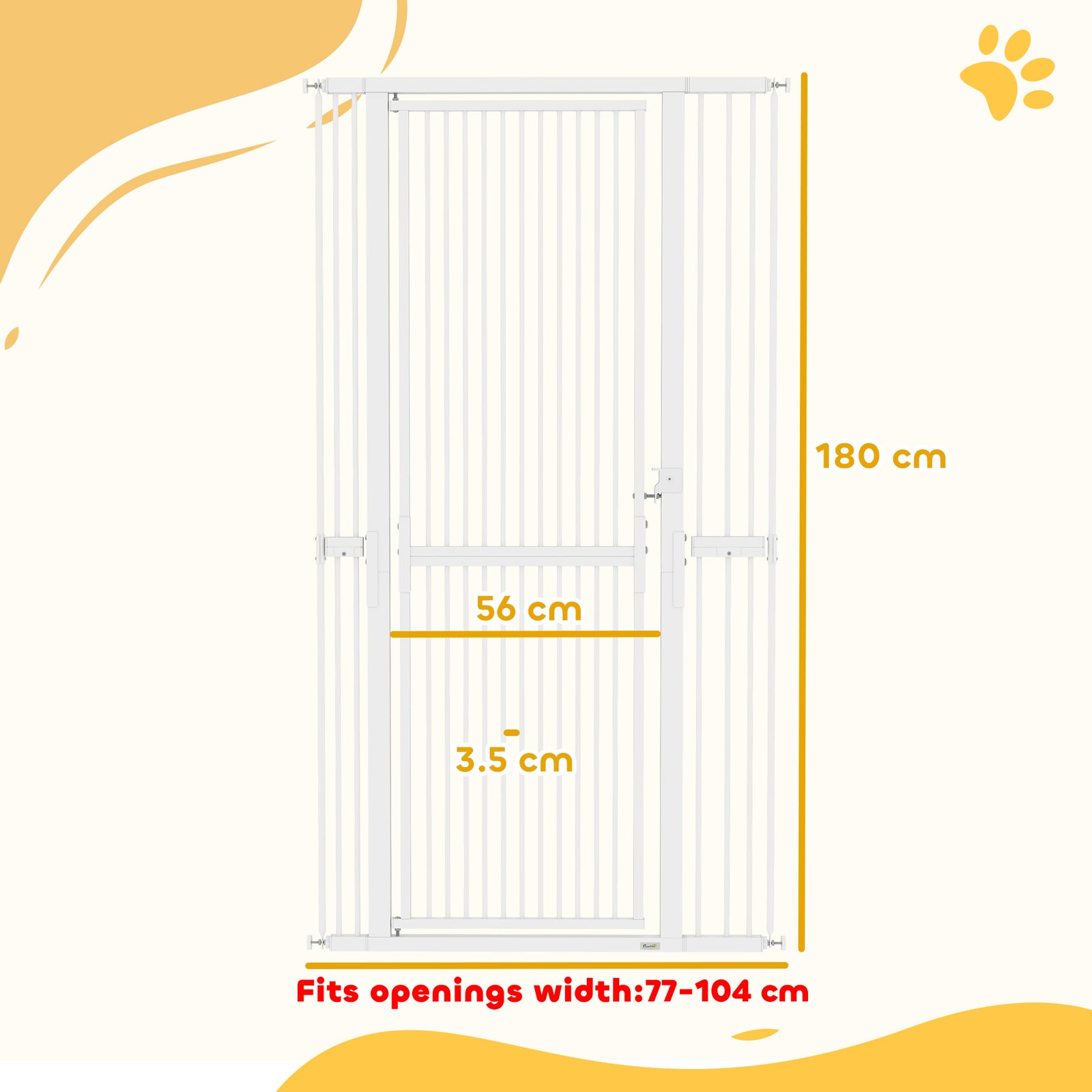 PawHut 180cm Extra Tall Pet Gate with 3.5 cm Narrow Gap, Pressure Mounted No Drilling Cat Gate for Doorways, 77-104cm Width