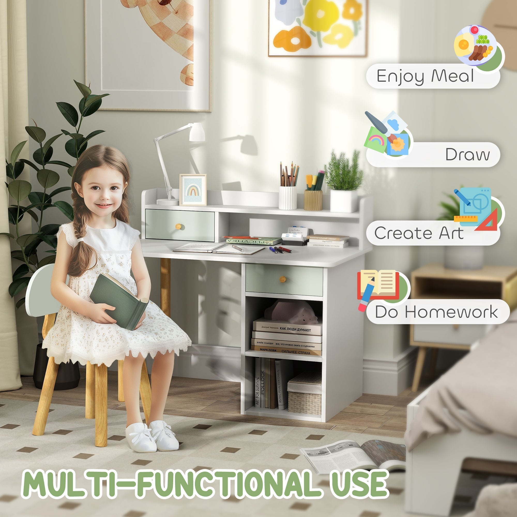 AIYAPLAY Two-Piece Children Study Table with Hutch, Kids Desk and Chair Set with Storage, Drawer, Shelves, Green