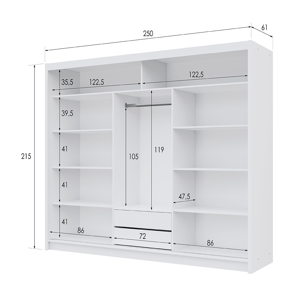 White Mirrored Sliding Door Wardrobe 250cm – CHESTER 2