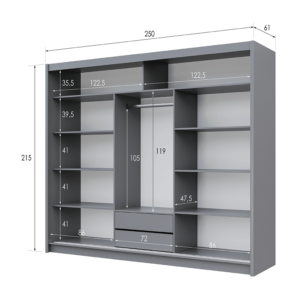 Graphite Mirrored Sliding Door Wardrobe 250cm – LEIGHTON