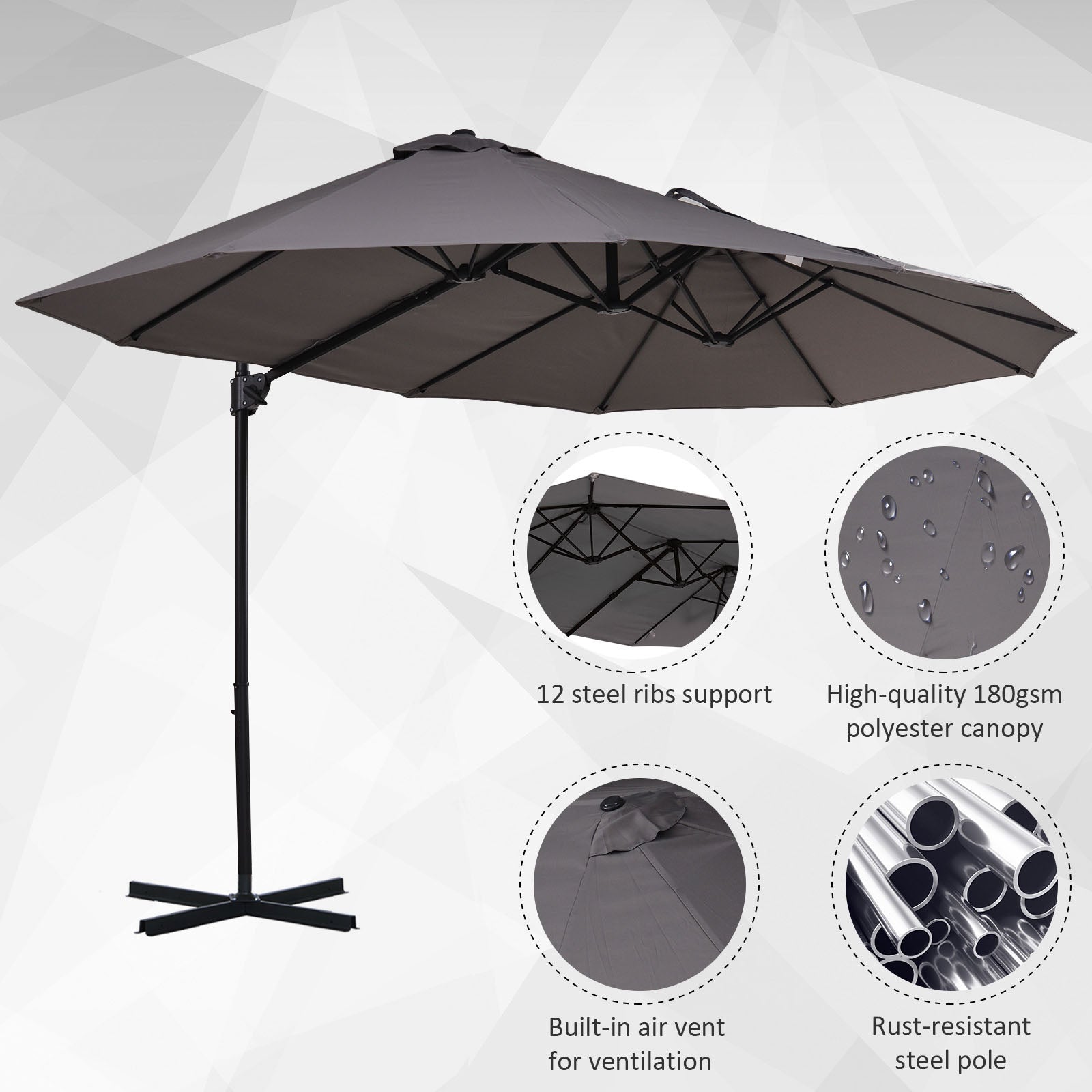 Outsunny Double Canopy Offset Parasol Umbrella Garden Shade w/ Steel Pole 12 Ribs Grey