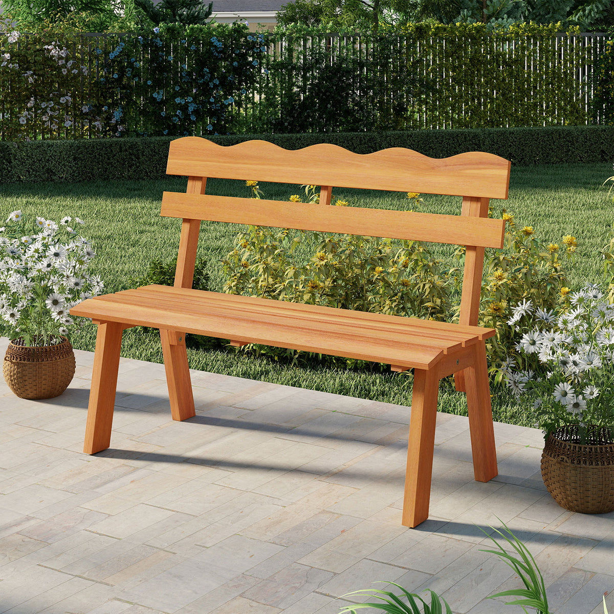 Outdoor 2-Person Wood Garden Bench with Ergonomic Backrest