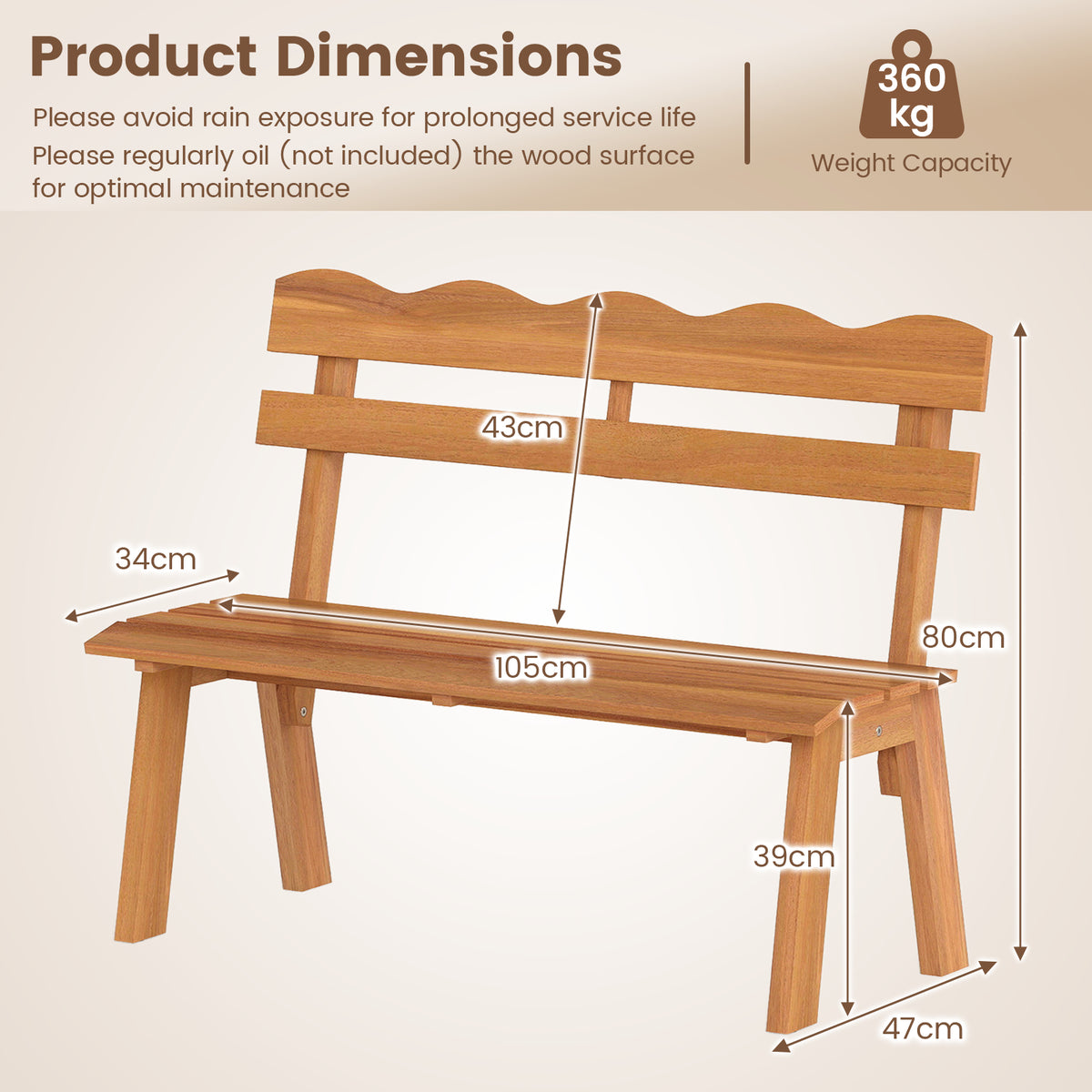 Outdoor 2-Person Wood Garden Bench with Ergonomic Backrest