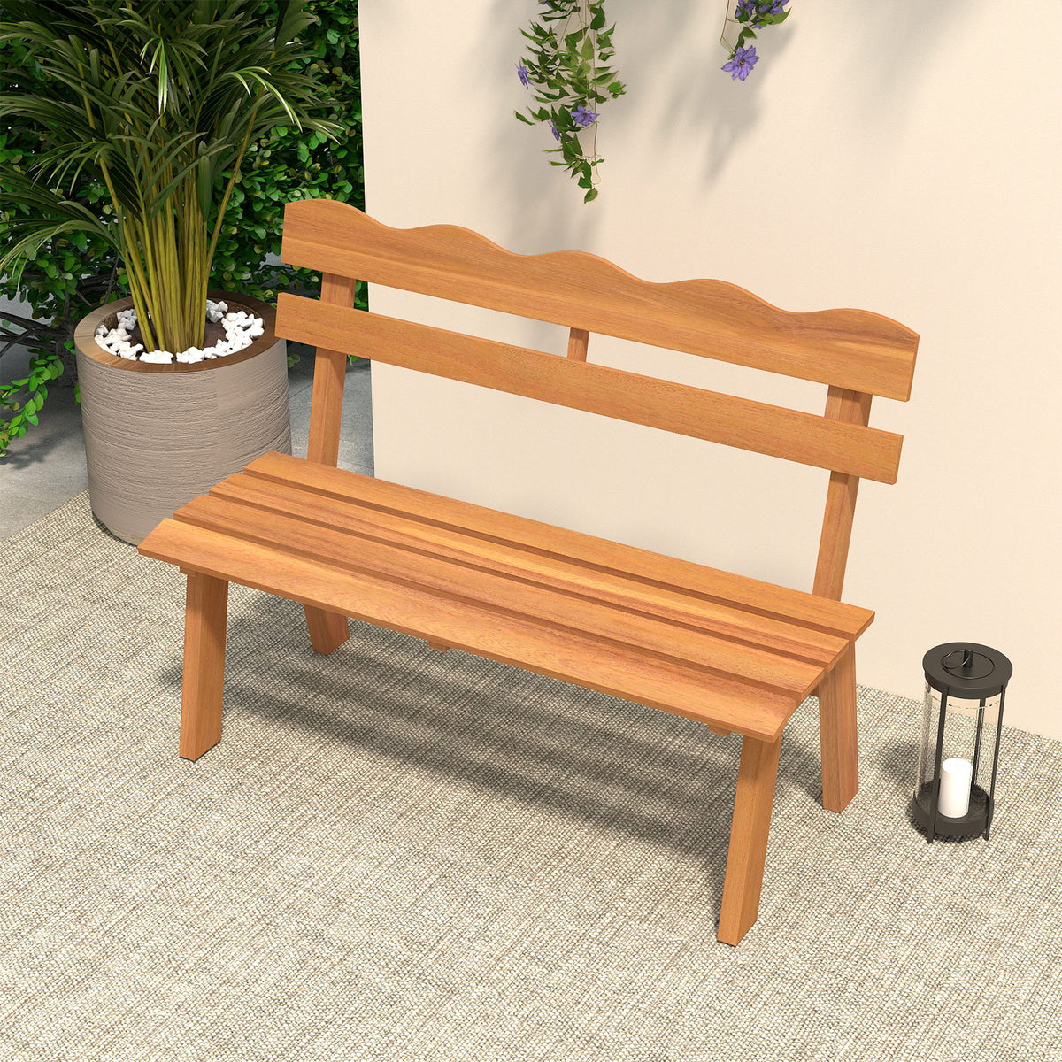 Outdoor 2-Person Wood Garden Bench with Ergonomic Backrest