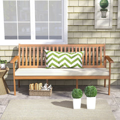 Outdoor Acacia Wood Bench 3-Seat Patio Bench with Removable Seat Cushion-White