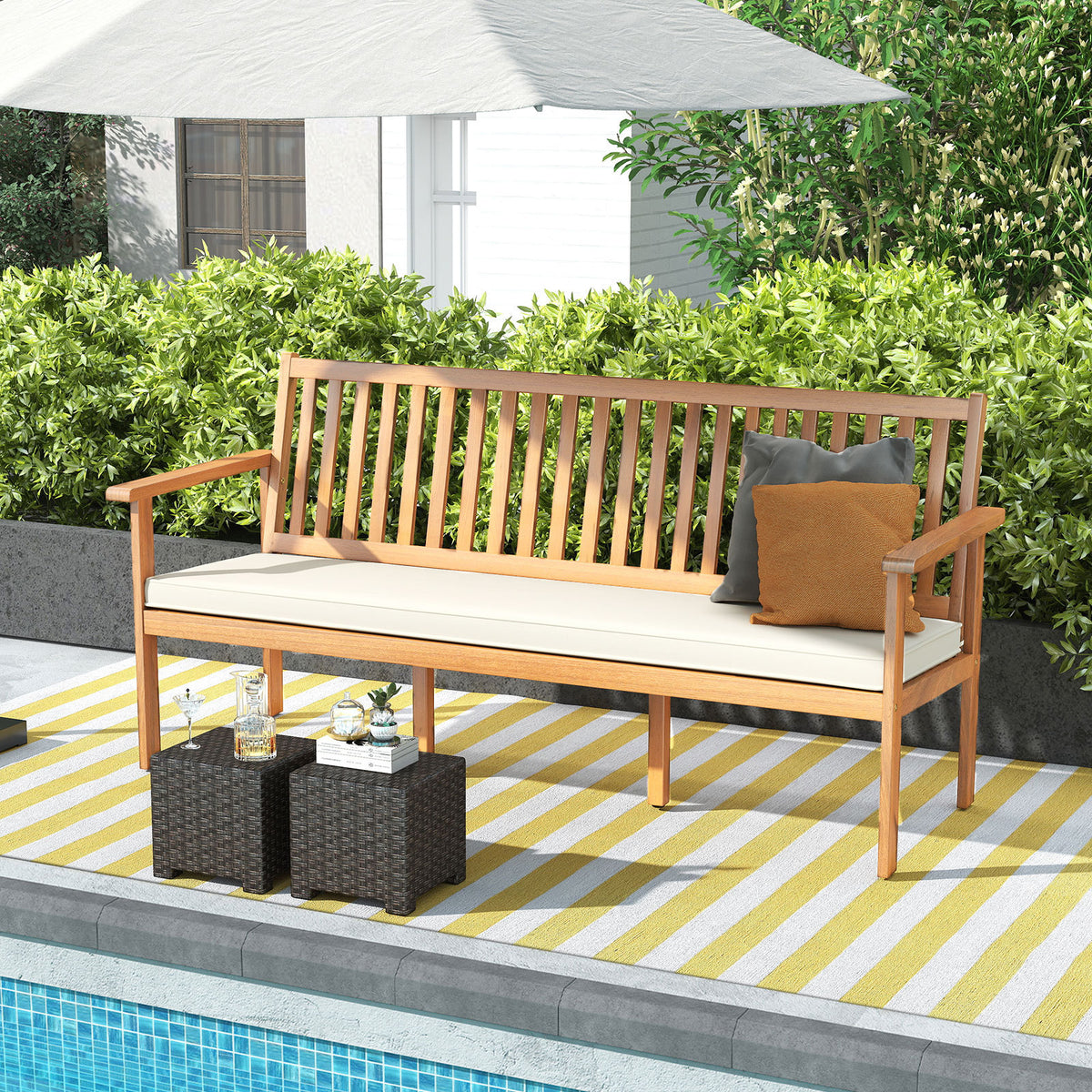 Outdoor Acacia Wood Bench 3-Seat Patio Bench with Removable Seat Cushion-White