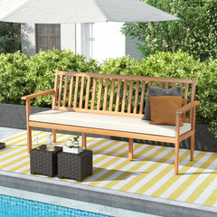 Outdoor Acacia Wood Bench 3-Seat Patio Bench with Removable Seat Cushion-White
