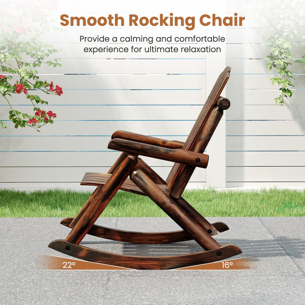 Side view of the wooden Adirondack rocking chair showing its rocking base