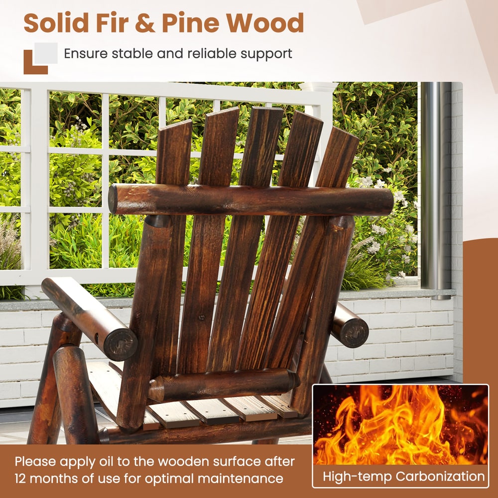 Close up of the wooden Adirondack rocking chair showing the slats and armrest