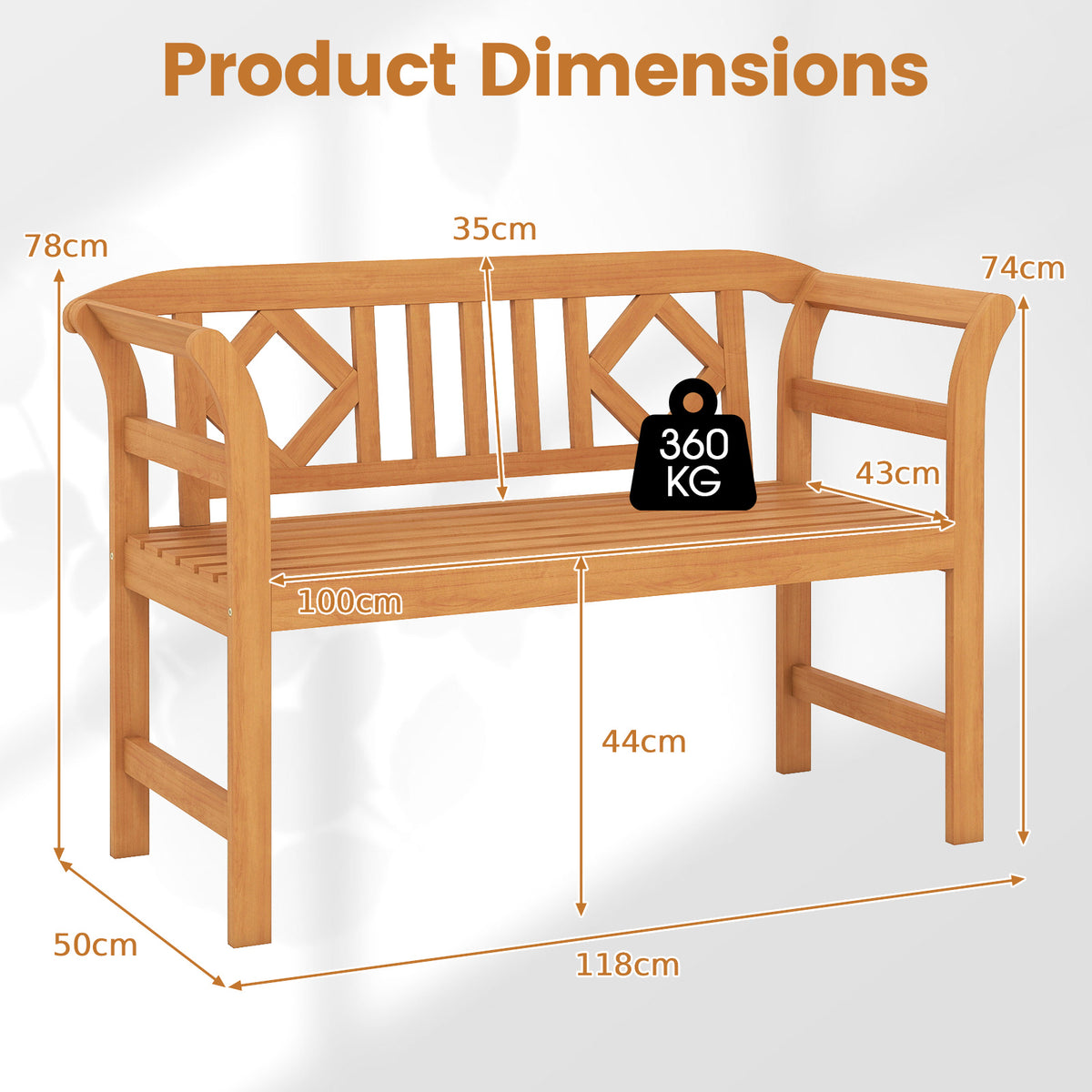 Outdoor Bench Acacia Wood 2-Person Patio Loveseat with Backrest Garden Bench