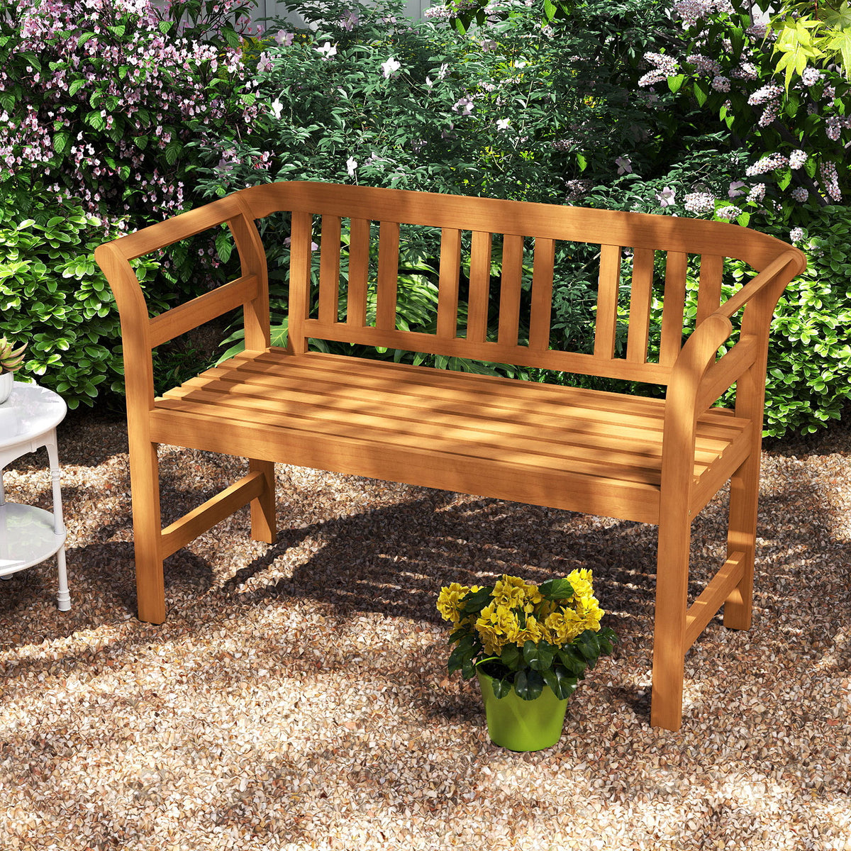Outdoor Bench Acacia Wood 2-Person Patio Loveseat with Backrest and Armrests