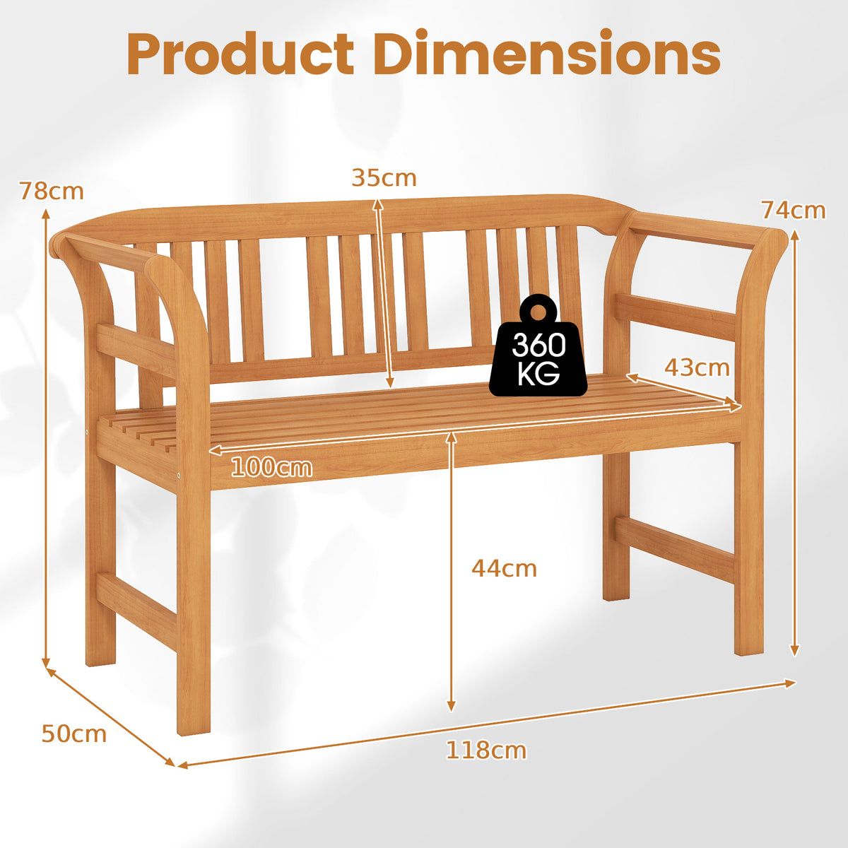 Outdoor Bench Acacia Wood 2-Person Patio Loveseat with Backrest and Armrests