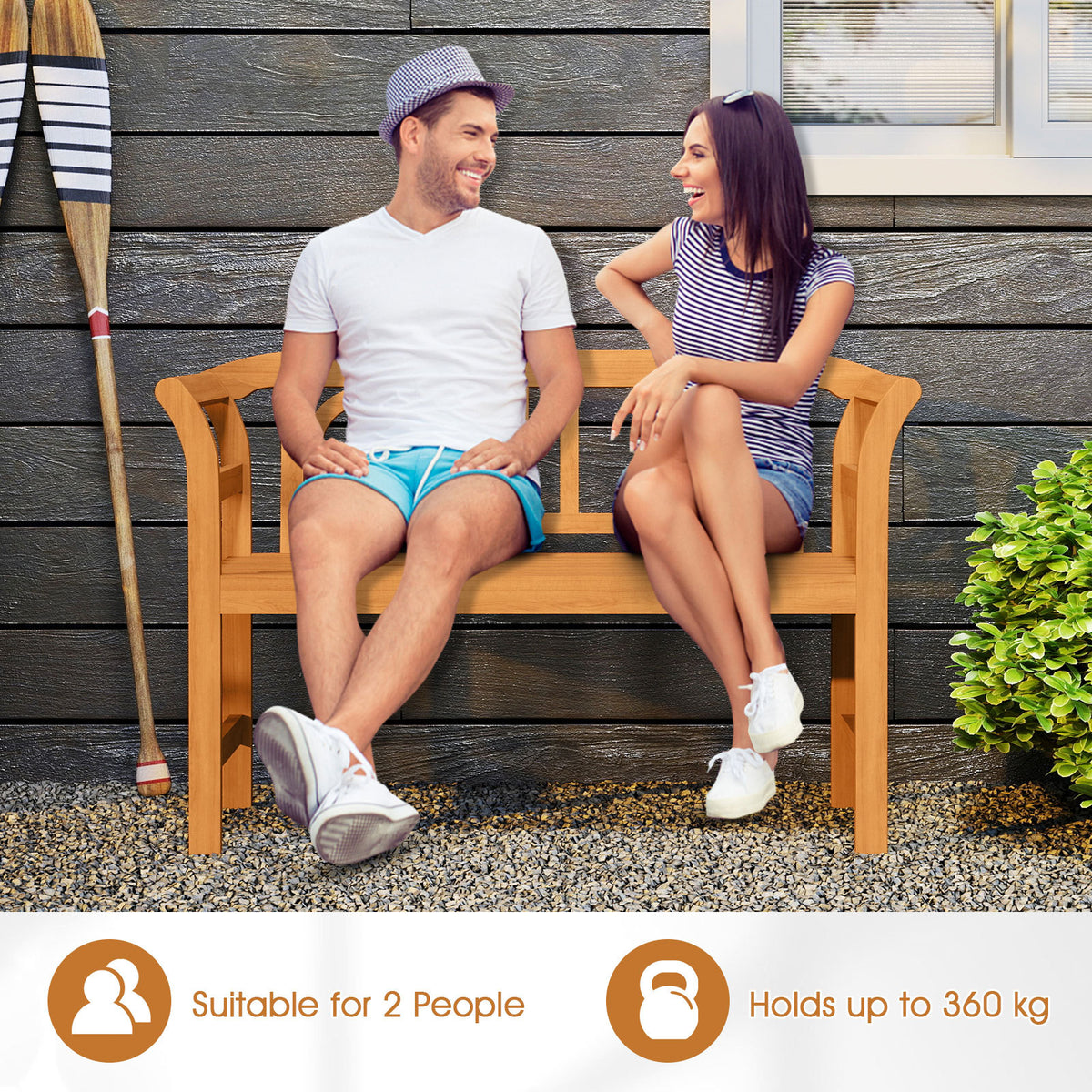 Outdoor Bench Acacia Wood 2-Person Patio Loveseat with Backrest for Porch