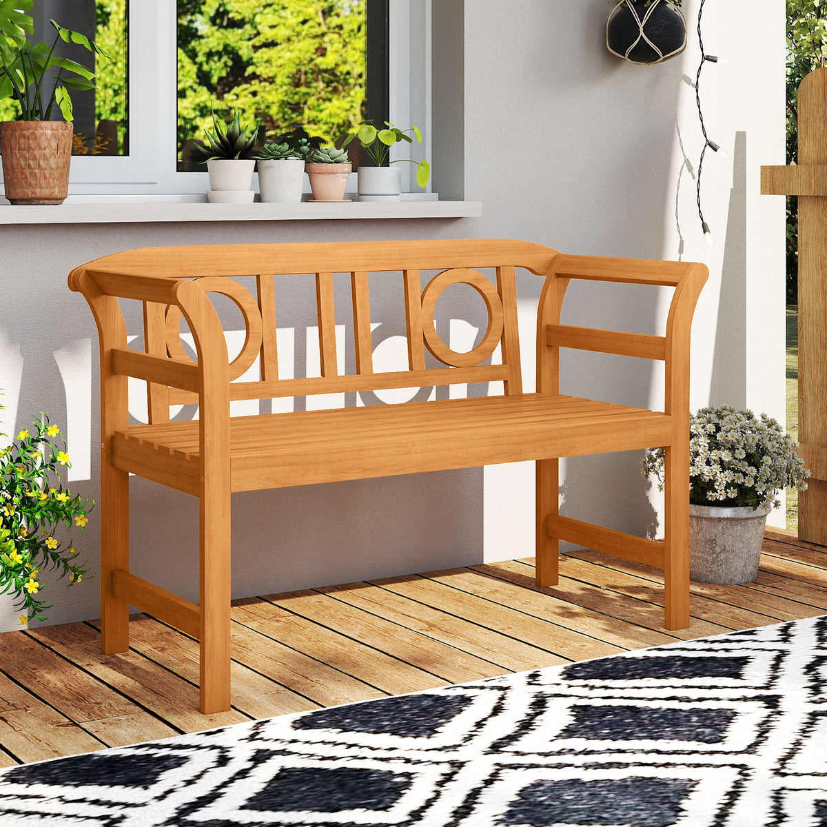 Outdoor Bench Acacia Wood 2-Person Patio Loveseat with Backrest for Porch