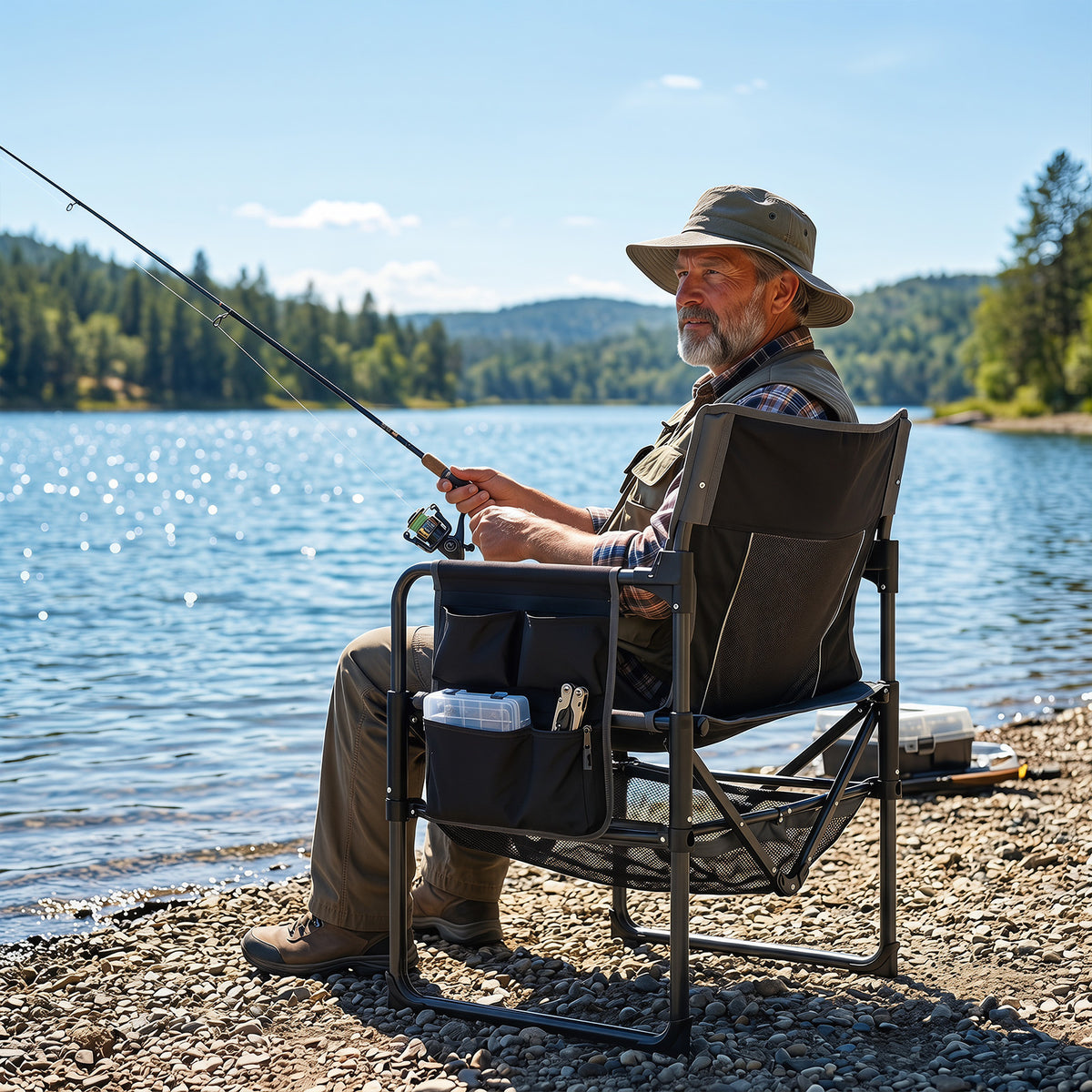 Outdoor Camping Chair with Cup Holder and Side Pocket-Black
