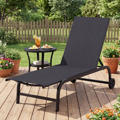 Outdoor Chaise Lounge Chair Set of 2 with Wheels 6-Position Recliner with 180° Full Flat-Black